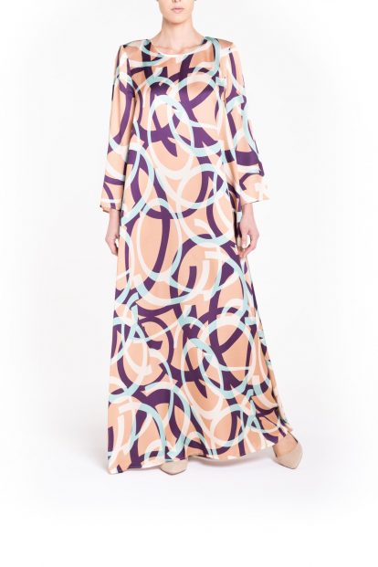 Light blue and purple long fantasy print dress