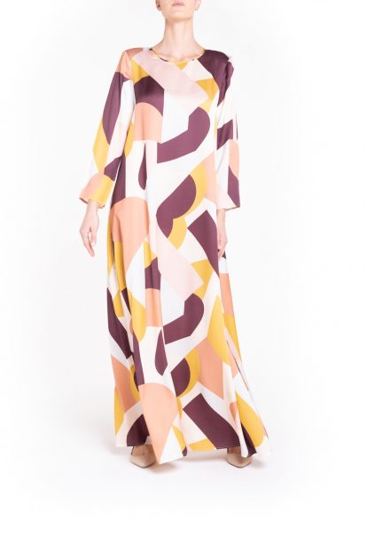 Ocra and brown long fantasy print dress