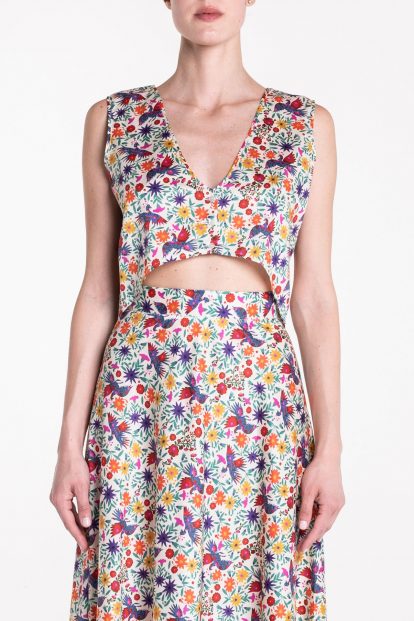 White fantasy print button top