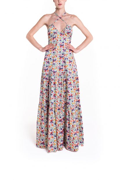 Vestito lungo con incrocio fantasia bianca