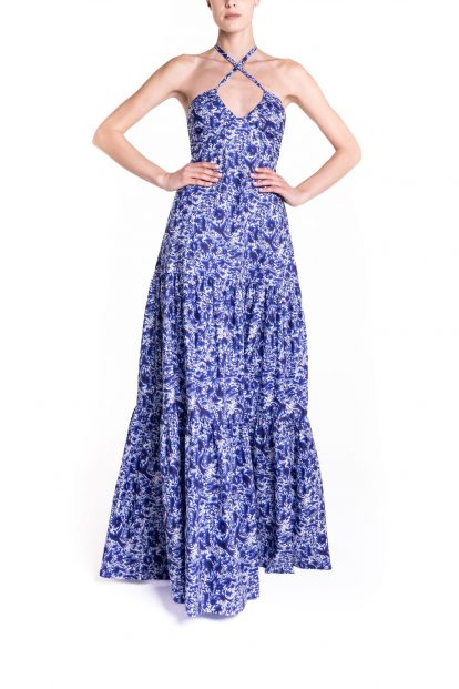 Vestito lungo con incrocio fantasia blu