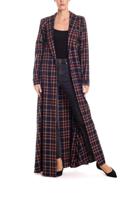 Soprabito lungo con manica lunga tartan - blu e arancio