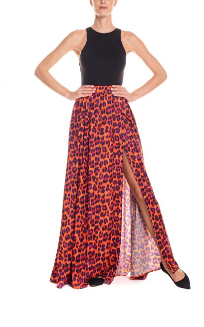 Gonna maxi ruota con spacco laterale animalier - arancio