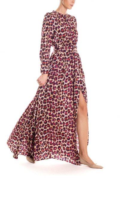 Gonna maxi ruota con spacco laterale animalier - crema e fucsia