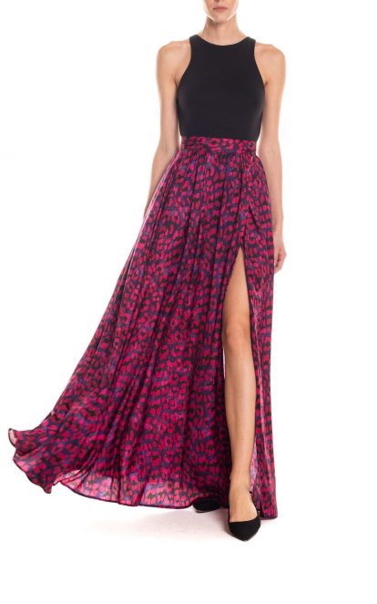 Gonna maxi ruota con spacco laterale animalier - viola e fucsia