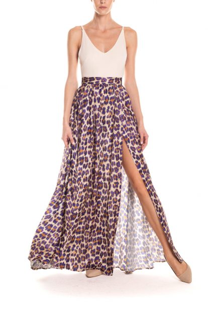 Gonna maxi ruota con spacco laterale animalier - viola e senape