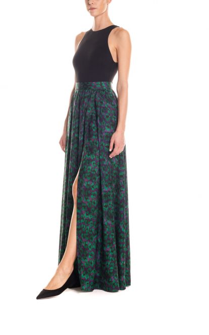 Gonna maxi ruota con spacco laterale animalier - viola e verde