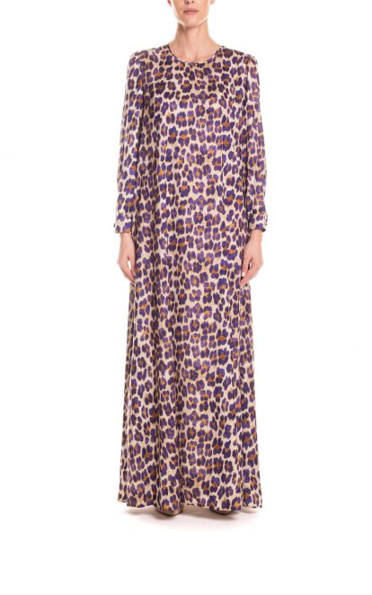 Vestito lungo fantasia animalier - viola e senape