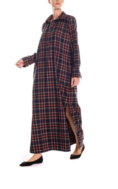 Vestito caftano lungo tartan - blu e arancio