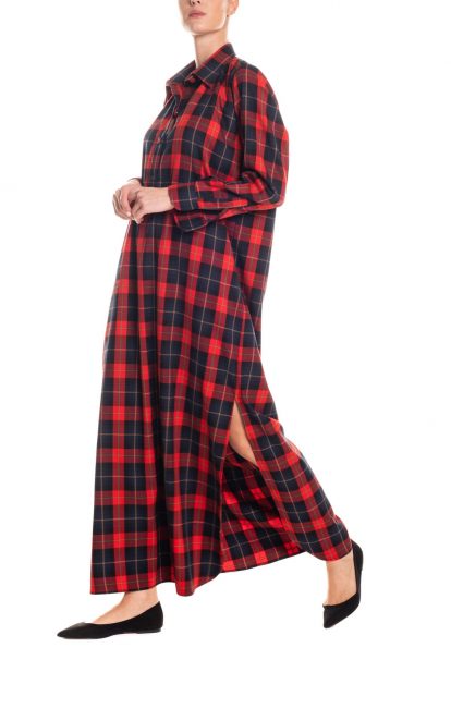 Vestito caftano lungo tartan - rosso e blu