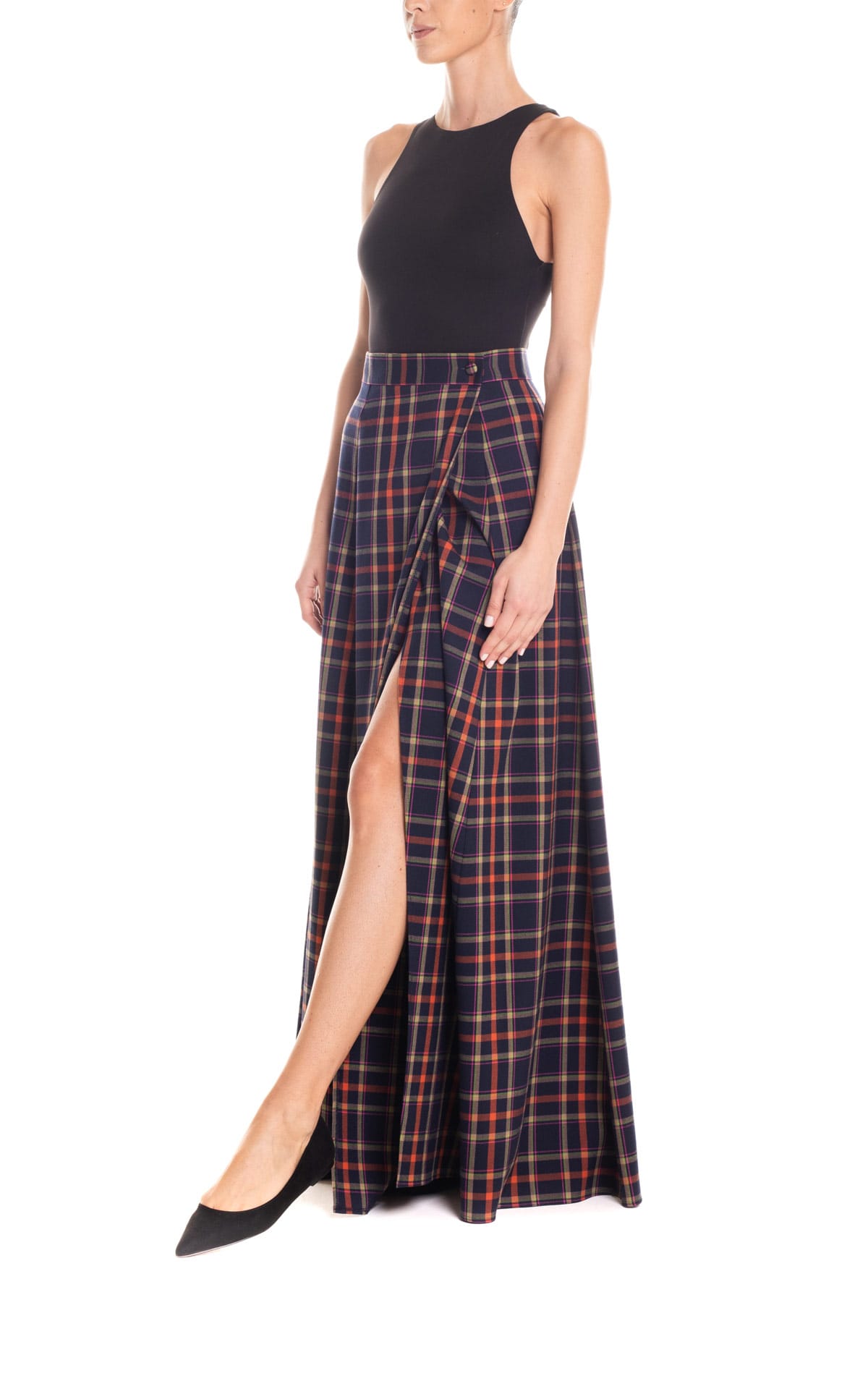 Blue and Orange Plaid Wrap Maxi Skirt Poupine