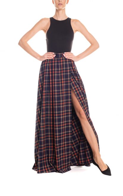 Gonna maxi ruota con spacco laterale tartan - blu e arancio