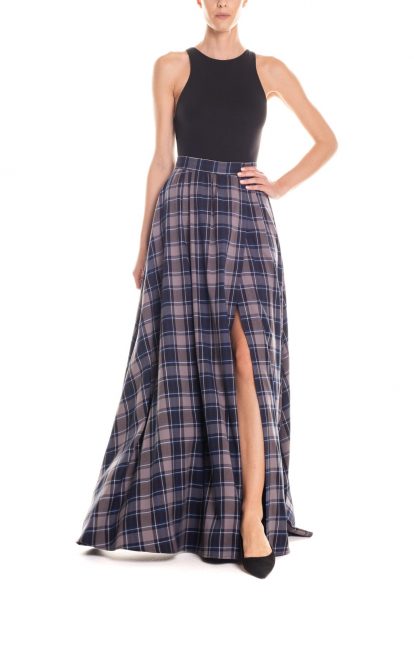 Gonna maxi ruota con spacco laterale tartan - grigio e blu