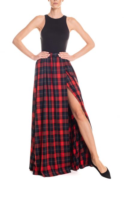 Gonna maxi ruota con spacco laterale tartan - rosso e blu