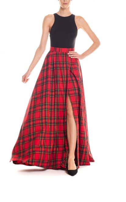 Gonna maxi ruota con spacco laterale tartan - rosso lurex oro