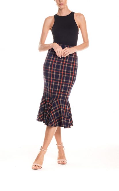 Gonna midi a sirena con ruches tartan - blu e arancio