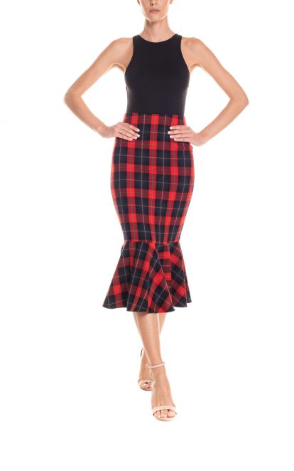 Gonna midi a sirena con ruches tartan - rosso e blu