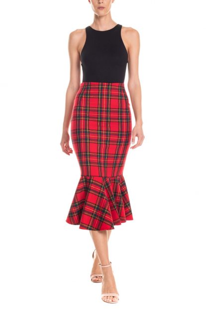 Gonna midi a sirena con ruches tartan - rosso lurex oro