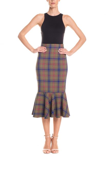 Gonna midi a sirena con ruches tartan - verde e blu