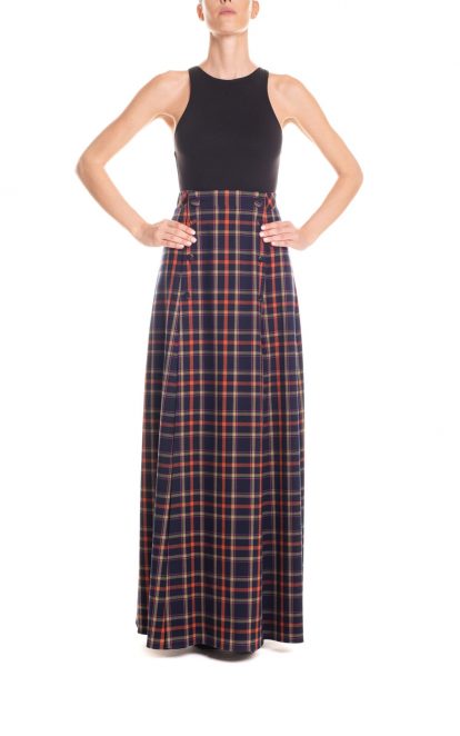 Gonna con spacchi laterali tartan - blu e arancio