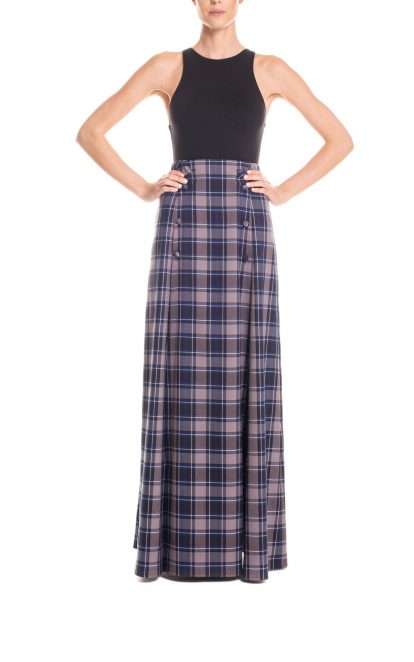 Gonna con spacchi laterali tartan - grigio e blu