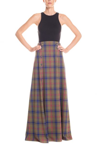 Gonna con spacchi laterali tartan - verde e blu