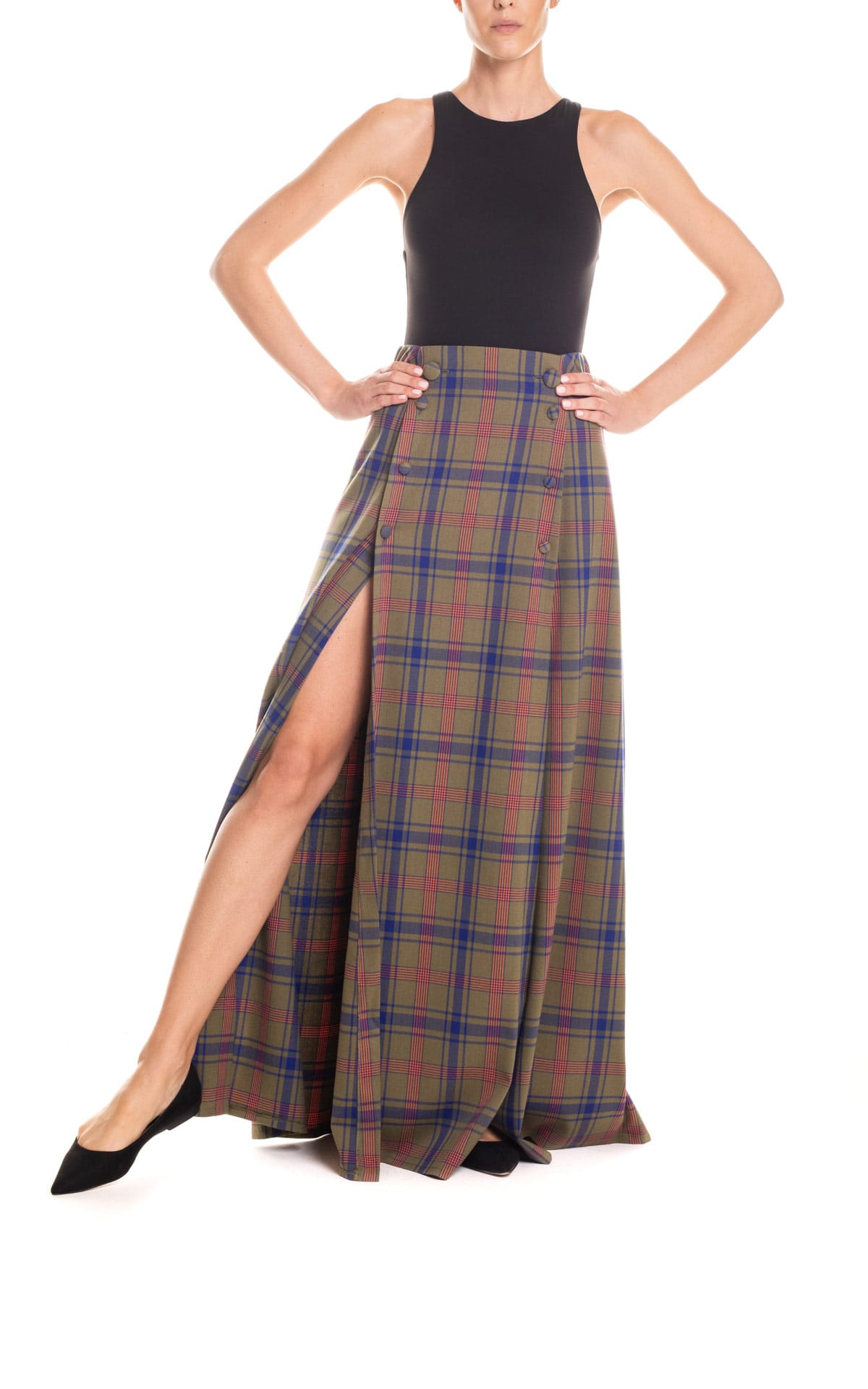 Gonna con spacchi laterali tartan verde e blu Poupine
