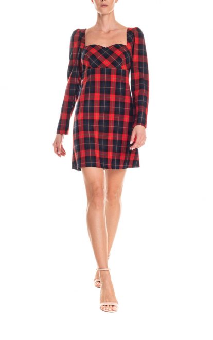 Vestito corto con scollo a cuore tartan – rosso e blu