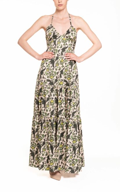 Vestito lungo con incrocio fantasia verde con melograni