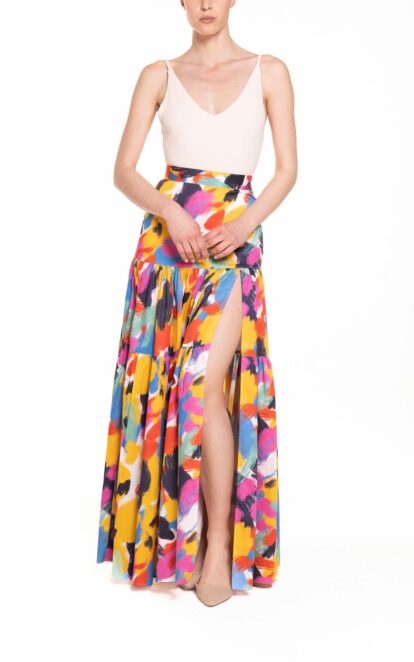 Gonna lunga con balze e spacco fantasia multicolor