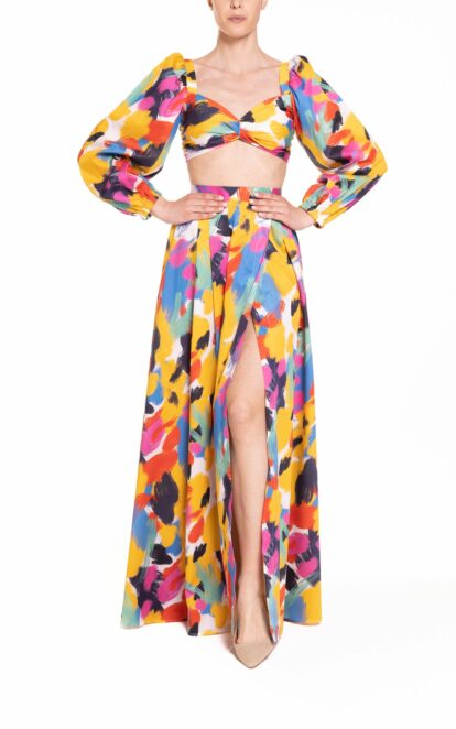 Crop top con maniche a sbuffo fantasia multicolor