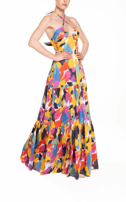 Vestito lungo con incrocio fantasia multicolor