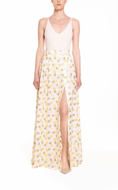 Gonna maxi ruota con spacco laterale ricamo con ananas