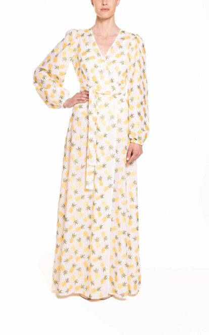 Vestito portafoglio lungo ricamo con ananas