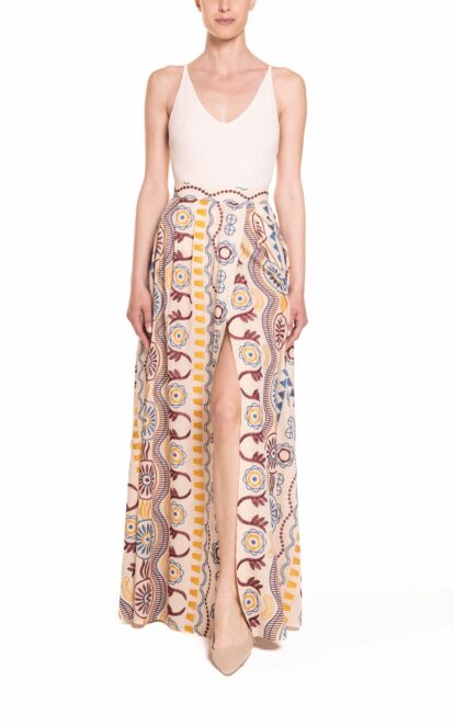 Gonna maxi ruota con spacco laterale ricamo Frida