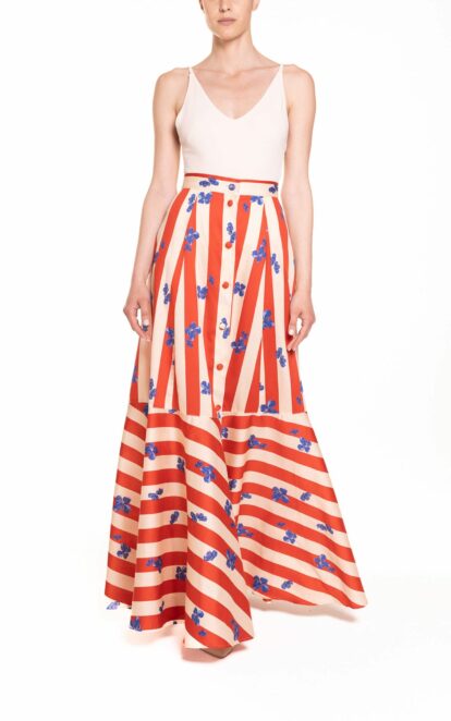 Maxi ruota con balza riga rosso e panna con fiore bluette