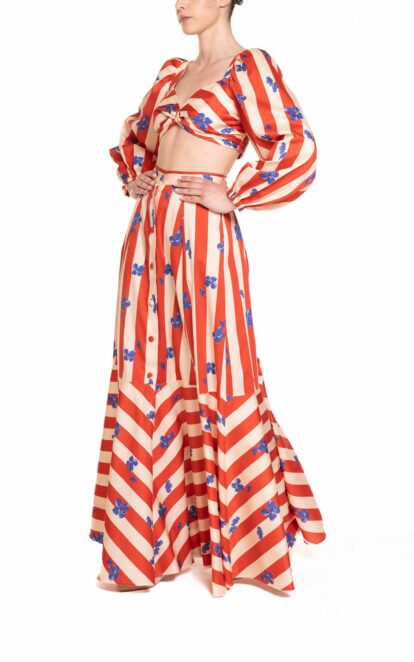 Crop top con maniche a sbuffo riga rosso e panna con fiore bluette
