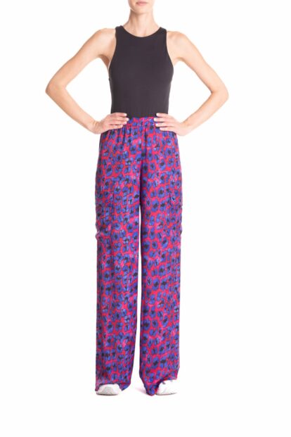 Pantalone cargo animalier rosso e bluette