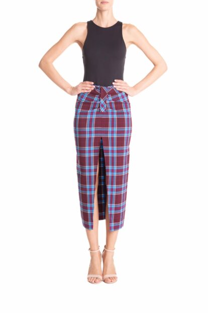 Longuette arricciata Tartan bordeaux e turchese