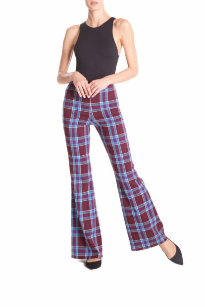 Pantalone zampa  Tartan bordeaux e turchese