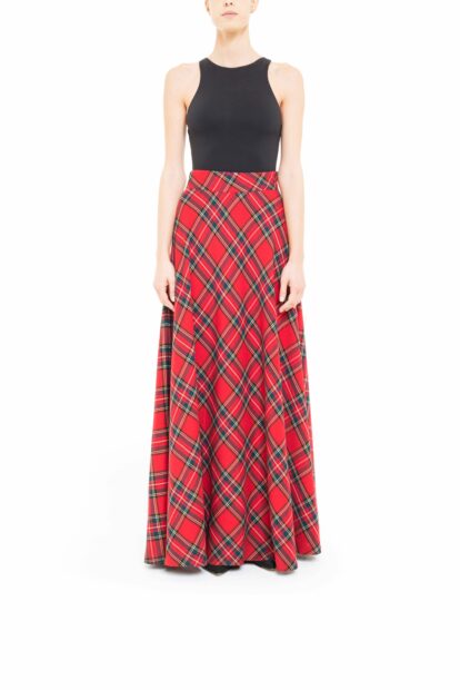 Red Flared Plaid Skirt