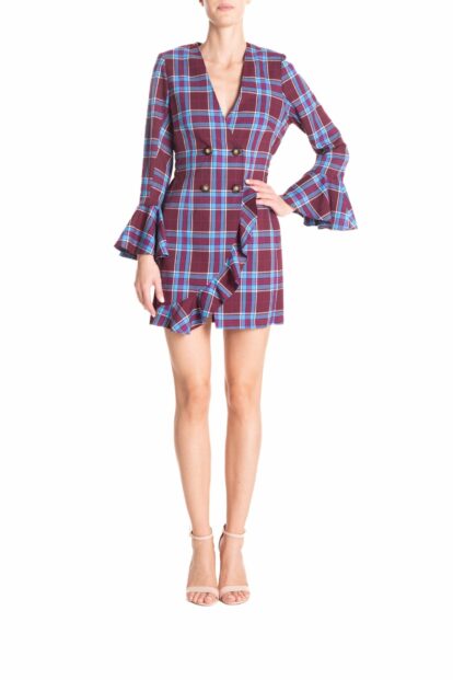 Vestito corto ruches  Tartan bordeaux e turchese