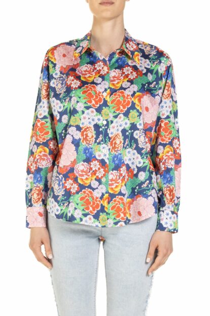 Poupine - Camicia boyfriend  Fantasia Peonie Blu - Fantasia Peonie Blu