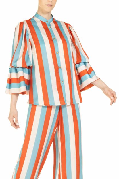 Poupine SS-25 - Camicia con ruches e bottoni oro Riga Celeste Arancio e Panna