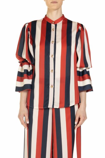 Poupine - Shirt with ruffles and gold buttons Red Blue and Cream stripe