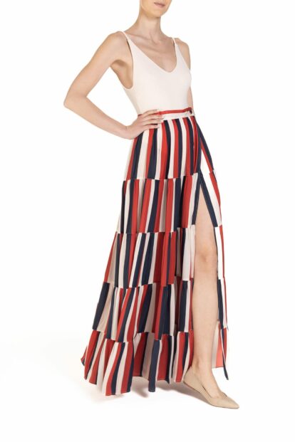Poupine SS-25 - Gonna maxi portafoglio con balze e spacco Riga Rosso Blu e Panna