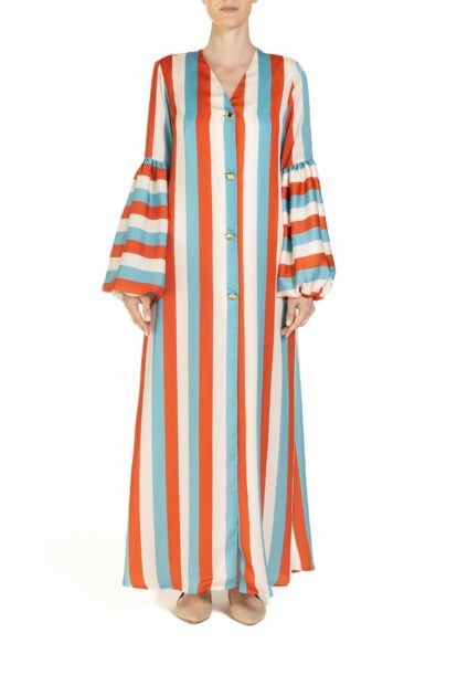 Poupine SS-25 - Vestito lungo Riga Celeste Arancio e Panna