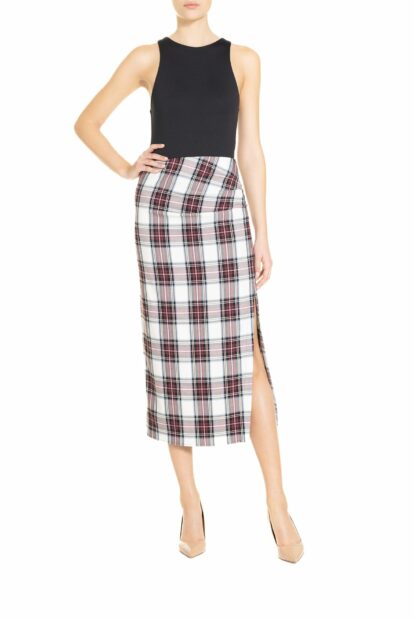 Poupine FW24-25 - Longuette spacco laterale   Tartan Bianco e Bordeaux