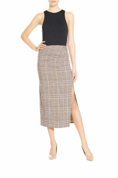 Poupine FW24-25 - Longuette spacco laterale  Tartan Pied de Poule Marrone e Arancio