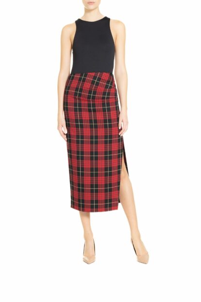 Poupine FW24-25 - Longuette spacco laterale Tartan Rosso Nero e Oro